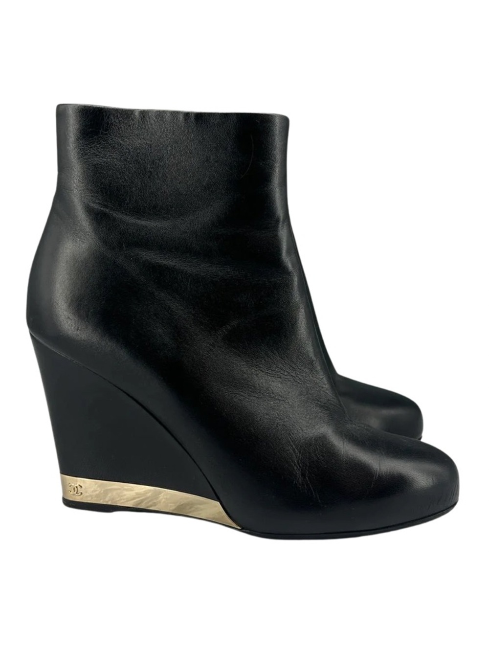 Chanel Black Lambskin Leather Wedge Ankle Boots Gold CC Trim - Picture 1 of 7